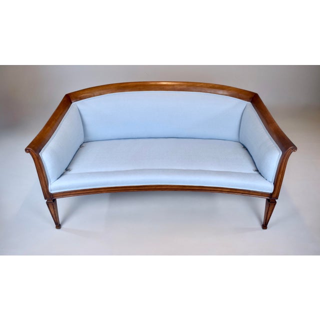 French Directoire Style Sofa, Hand Carved Cherry, Light Blue For Sale - Image 17 of 18