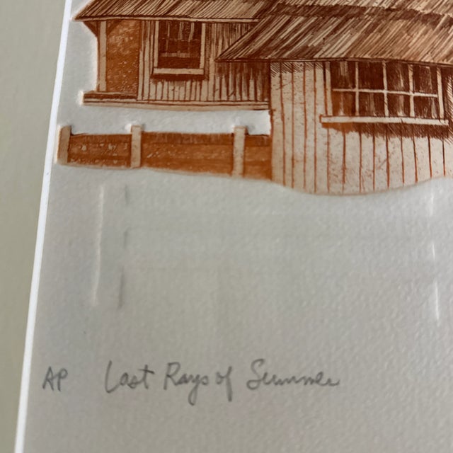 Vintage Print by Artist Martin Tobias, Last Rays of Summer, Framed Farm Landscape in Rust Tones Intaglio Plate For Sale - Image 4 of 9