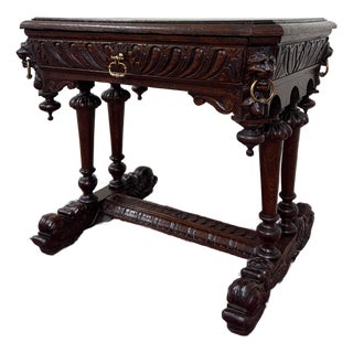 Antique French Oak Renaissance Revival Library Dolphin Table Desk C. 1880s For Sale