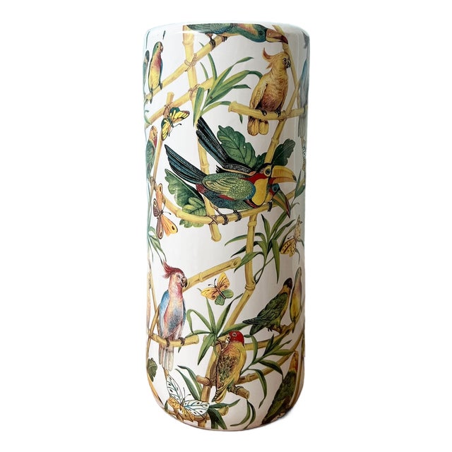 Vintage Tropical Birds & Butterflies Ceramic Umbrella Stand – Hollywood Regency / Chinoiserie For Sale
