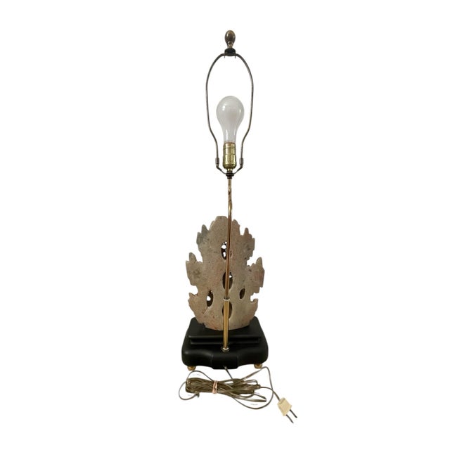Vintage 1940s Chinese Soapstone Floral Table Lamp Wood Base Chinoiserie 31” For Sale In San Francisco - Image 6 of 8