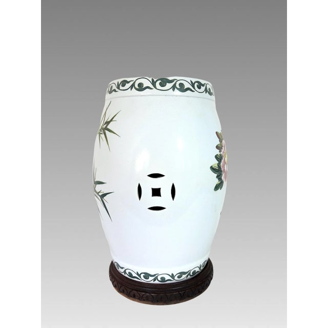Late 20th Century Vintage Chinese White Porcelain Garden (Drum) Stool With Green Bamboo, Pink & Blue Flowers, Side Table on Custom Rosewood Wood Display Stand For Sale - Image 5 of 11