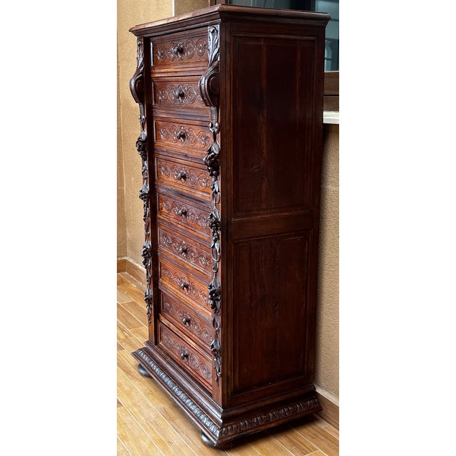 French Late 19th Walnut Nine Drawer Tall French Carved Chest or Siffonier For Sale - Image 3 of 12