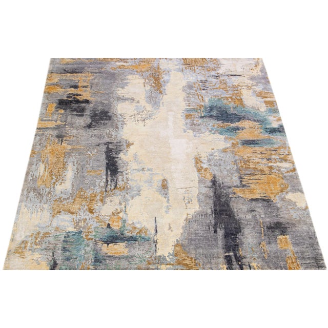 Contemporary 2010s Modern Handmade Gray & Gold Abstract Silk Rug For Sale - Image 3 of 7