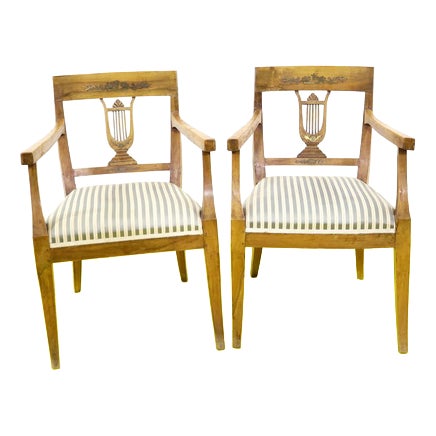 Empire Walnut Armchairs with Lyre Back, Set of 2 For Sale