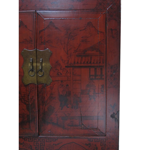 Red 96" Tall Red Lacquer Antique Chinese Chinoiserie-Style Cabinet For Sale - Image 8 of 15