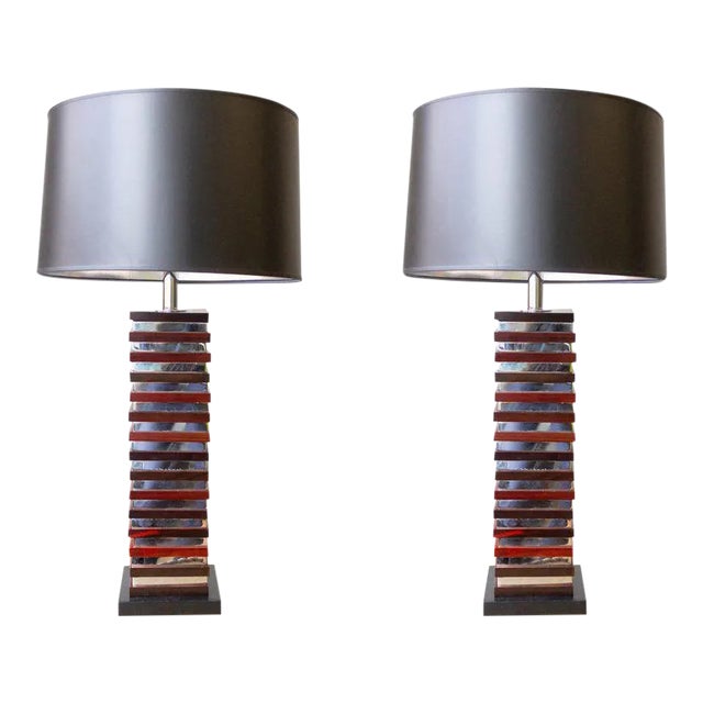Pair of French Stacked Wood and Chrome Table Lamps For Sale