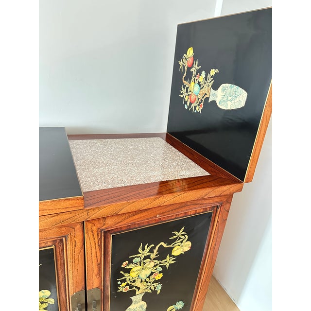 Mid-20th Century Japanese Lacquered Bar Cabinet With Hand-Painted Panels and Expanding Top For Sale - Image 4 of 15