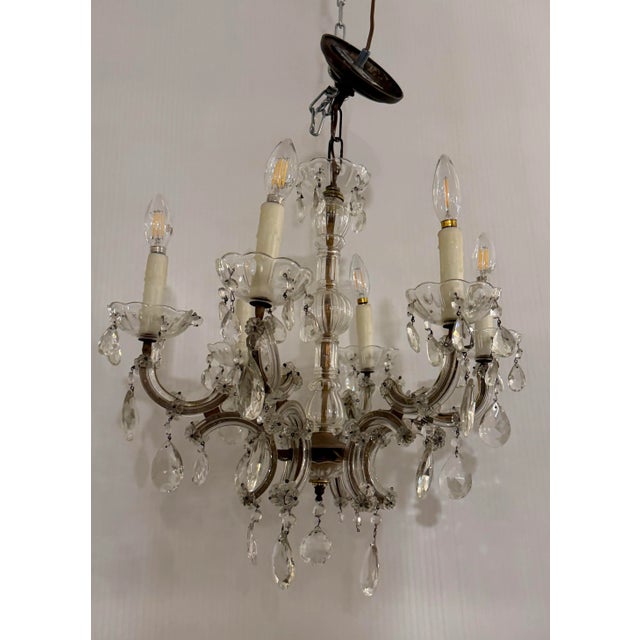 Traditional Vintage Six Light Glass + Crystal Chandelier For Sale - Image 3 of 12