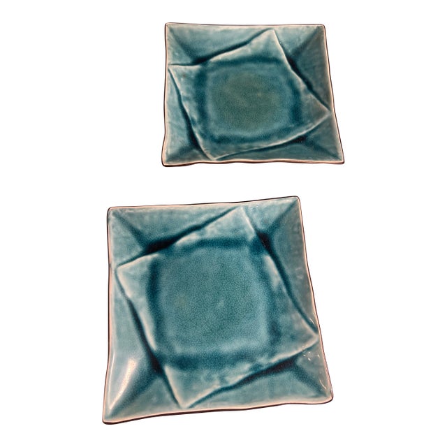 Vintage Square Teal Plates - Pair 2 For Sale