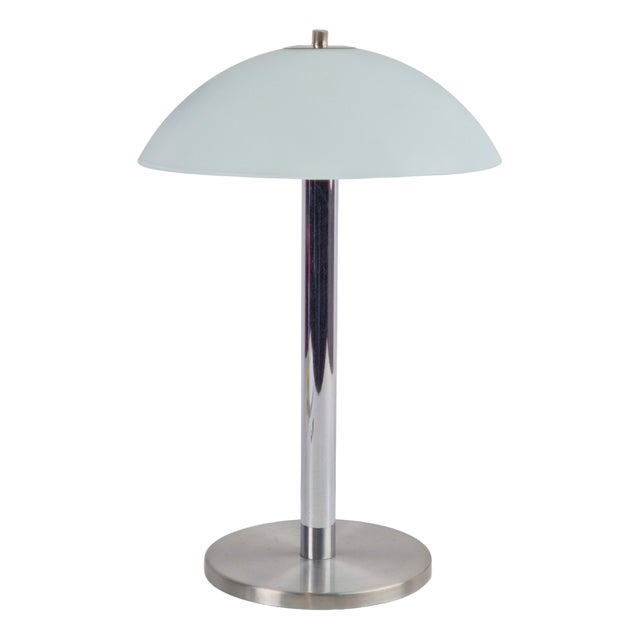 Vintage Modern Mushroom Table Lamp in Sandblasted Glass Stainless Steel & Chrome, 1960s For Sale