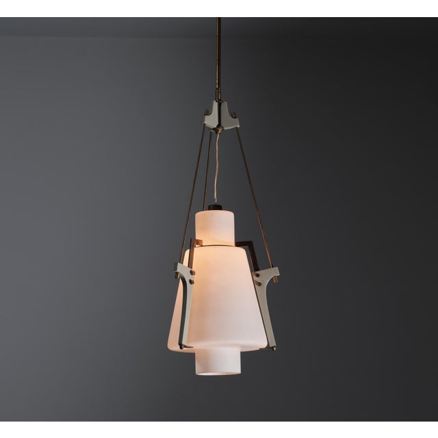 Vintage Italian Pendant Lamp in Opaline Glass and Lacquered Wood, 1950s For Sale - Image 6 of 15