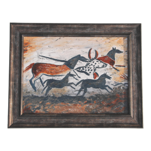 Horses Bull Folk Art Tribal Burnt Orange Antique White Gray Black Minimalism Abstract Original Oil Painting by Cleo Plowden