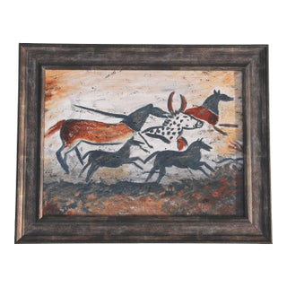 Horses Bull Folk Art Tribal Burnt Orange Antique White Gray Black Minimalism Abstract Original Oil Painting Cleo Plowden For Sale