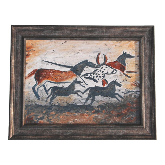 Horses Bull Folk Art Tribal Burnt Orange Antique White Gray Black Minimalism Abstract Original Oil Painting Cleo Plowden For Sale