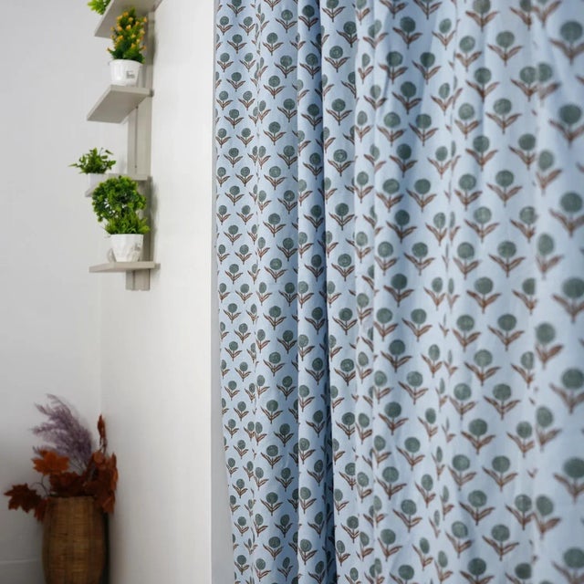 Rustic “Viscose Colored Linen Block Print Ring Curtain – Semi-Sheer Size,54"X63"- Genda Pushp For Sale - Image 3 of 7