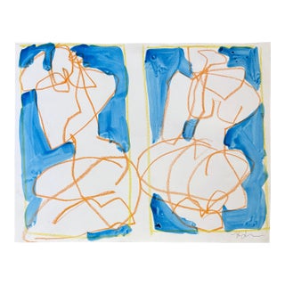 Two Woman Seated Reflection, Acrylic and Crayon on Paper, 14 X 11 For Sale