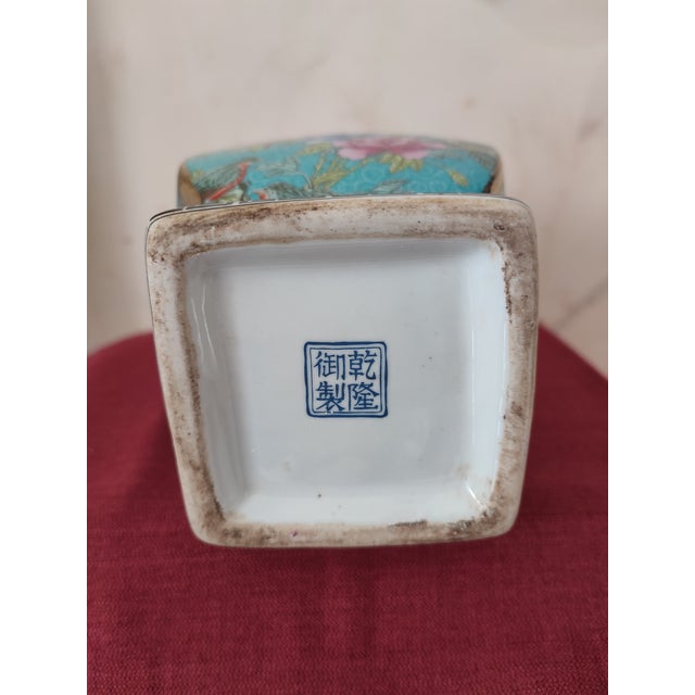 Early 20th Century Chinese Ceramic Vase Qing Dynasty Qianlong Marked Blue Ground Famille Rose Porcelain Square Vase Hand Painted Flowers and Birds Pattern For Sale - Image 5 of 11