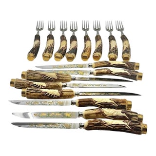 Vintage Anton Wingen Jr. Solingen “Othello” Stag Antler Knife & Fork Set Service for Eight - 16 pcs For Sale