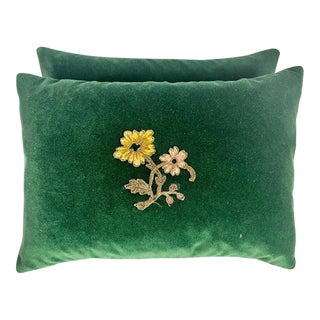 Pair of Custom Green Velvet Appliqué Pillows For Sale