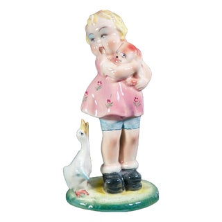 Girl with Puppy and Goose Figurine For Sale