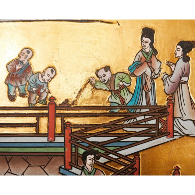 Mid 20th Century Chinese Export Four Panel Gilt Lacquered Coromandel Screen For Sale - Image 5 of 12