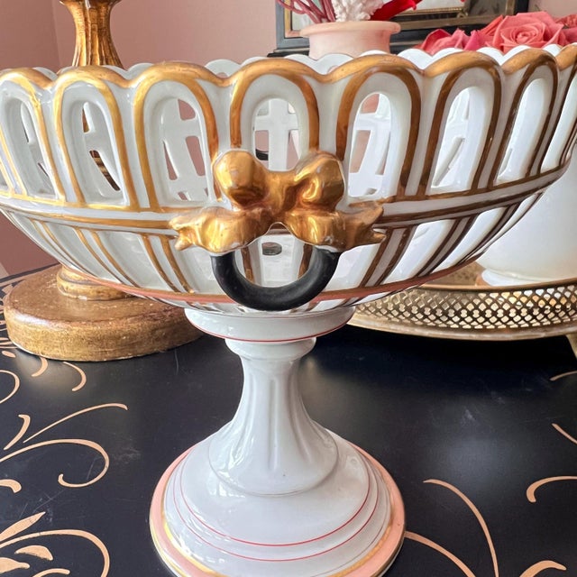 1910s Antique Old Paris porcelain reticulated compote with gold bow and black ring detail // French porcelain // gilt accents // tazza // elegant For Sale - Image 5 of 12