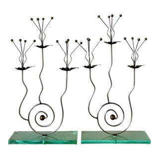 Vintage Postmodern Three Candle Candelabra After Tony Evans - A Pair For Sale