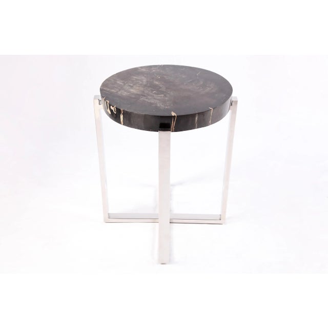 Contemporary Round Petrified Wood Top W Stainless Steel Stand Accent Table or Side Table 72 For Sale - Image 3 of 5