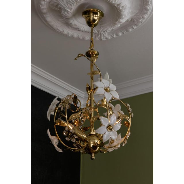 Gold Hollywood Regency Style White Murano Glass Flower and Metal Chandelier, 1980s For Sale - Image 8 of 18