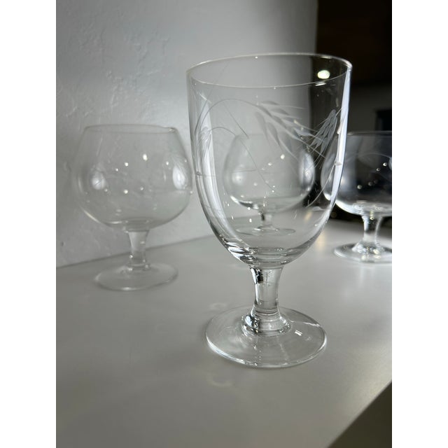 Noritake 1950s Set of 8 Noritake Glasses in a Combination of the Iconic Wheat and Bamboo Patterns, 3 Brandy Glasses,1 Tall Boy, and 4 Wine Glasses For Sale - Image 4 of 8