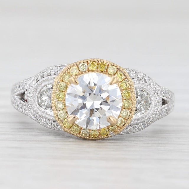 1.87ctw White Yellow Diamond Halo Engagement Ring 18k White Gold Size 8 Gia For Sale - Image 4 of 8