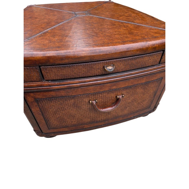 Brown 1990s Thomasville Leather Wrapped Rattan Coffee Table Trunk East Indies W/ Storage For Sale - Image 8 of 14