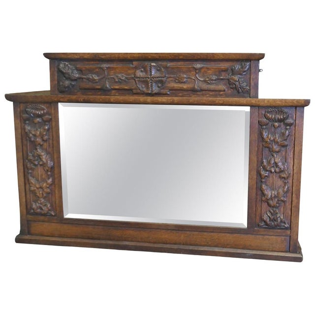 Large Arts and Crafts Carved Oak Overmantel or Wall Mirror, 1900s For Sale - Image 6 of 6
