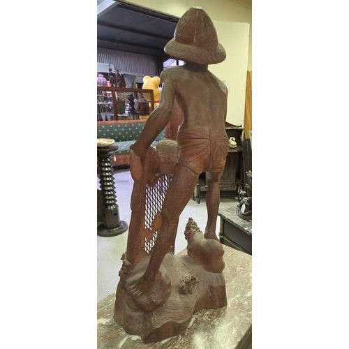 Large Asian Wooden Sculpture of Fisherman, 1890s For Sale - Image 6 of 8