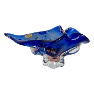 Vintage Bohemia Czech Cobalt Blue & Pink Art Glass Centerpiece Bowl For Sale