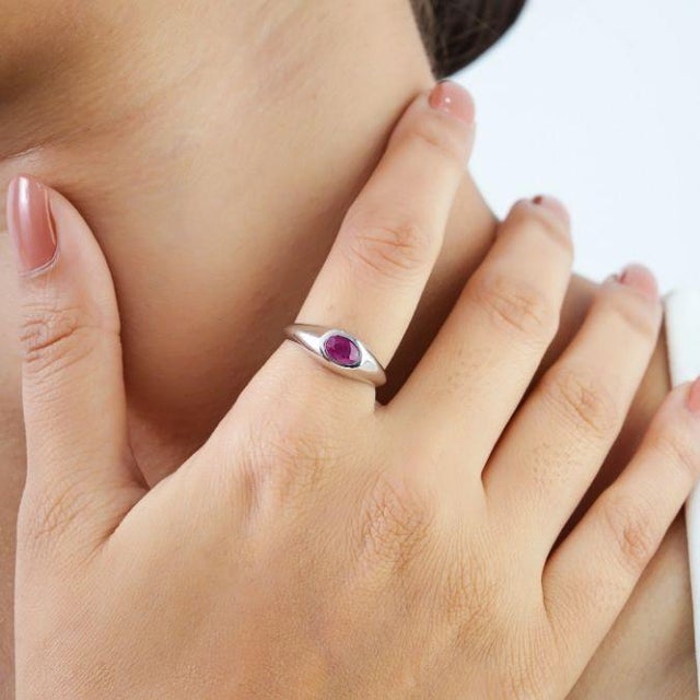 14k White Gold Natural Mozambique Ruby Chic Signet Ring Size 7 For Sale - Image 10 of 16