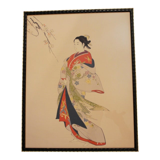 Mid-20th Century Japanese Painting on Silk of a Woman in a Kimono For Sale