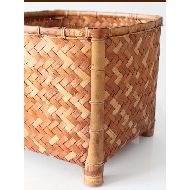 Vintage Woven Bamboo Storage Basket With Geometric Herringbone Pattern For Sale - Image 12 of 12