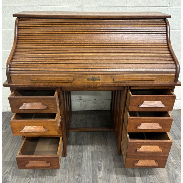 Antique American Mission Arts and Crafts Quarter Sawn White Oak Roll Top Desk For Sale - Image 10 of 14