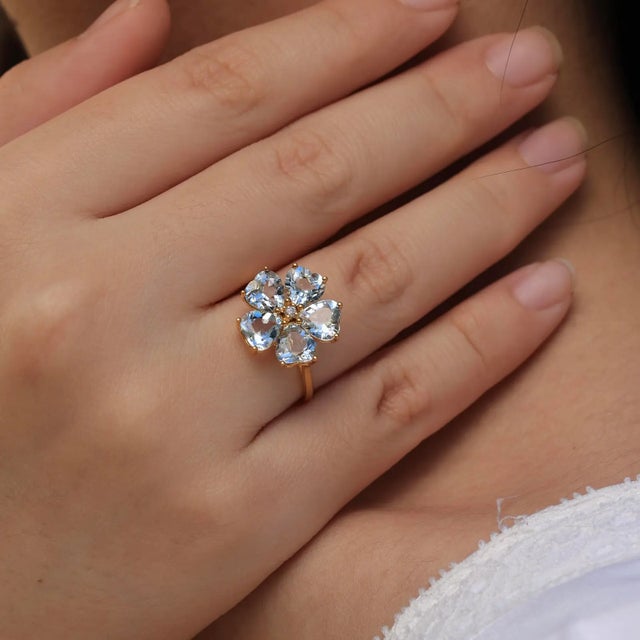 Not Yet Made - Made To Order Nina Zhou Aquamarine Diamond Cherry Blossom Ring in 14k Yellow Gold, size 8 For Sale - Image 5 of 11