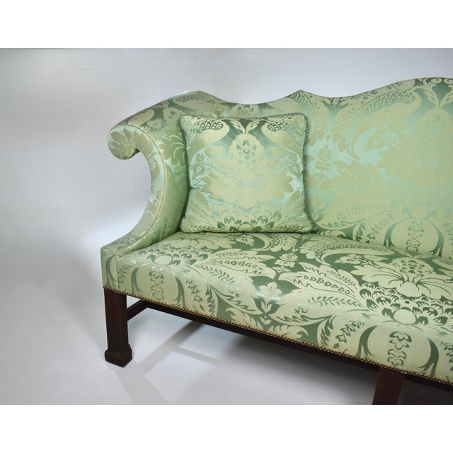 Custom George III Mahogany Camel Back Sofa With Damask Silk Upholstery For Sale - Image 13 of 16