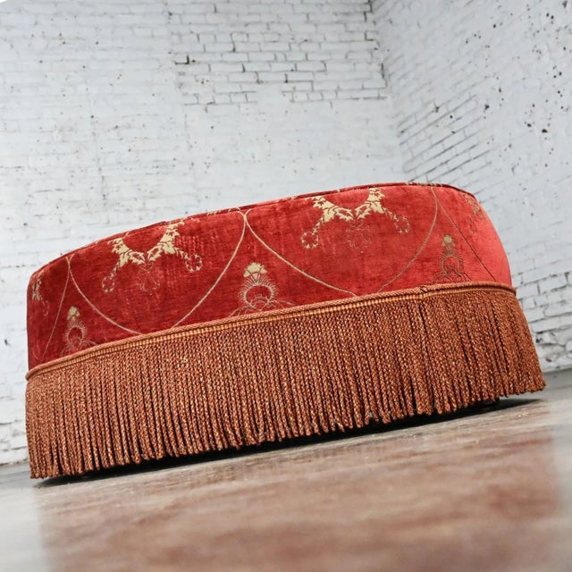 Traditional Late 20th Century Traditional to Transitional Large Oval Cocktail Ottoman Rust Colored Fabric Bullion Fringe Trim For Sale - Image 3 of 12