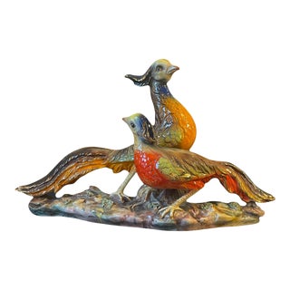 Vintage Large Italian Colorful Glazed Porcelain Pheasant Couple Sculpture For Sale