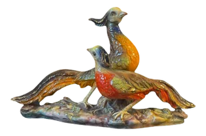 Vintage Large Italian Colorful Glazed Porcelain Pheasant Couple Sculpture