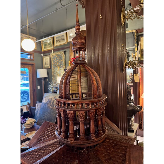 Early 20th Century Antique Handcrafted Walnut Cathedral Bird Cage With Architectural Spire For Sale - Image 5 of 12