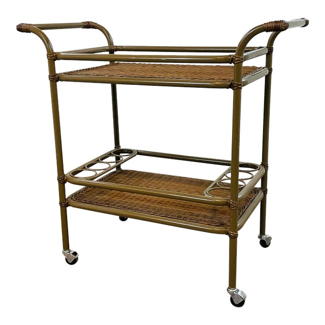 Made Goods Organic Modern Indoor/Outdoor Chestnut Faux Wicker Torrey Bar Cart For Sale