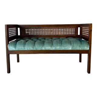 70's Mid-Century Cane Back & Sides Tufted Settee Bench For Sale