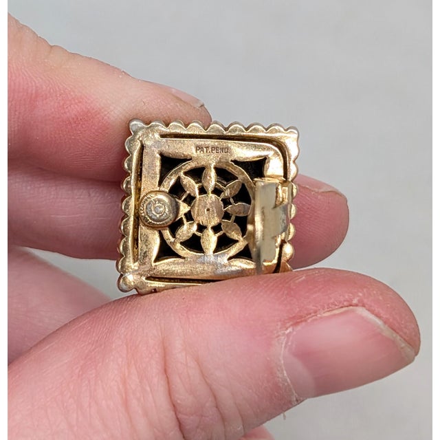 Blue Vintage Signed Mazer Square Goldtone Ribbed Cabochon Faux-Sapphire Clip Earrings-2 Pieces For Sale - Image 8 of 10