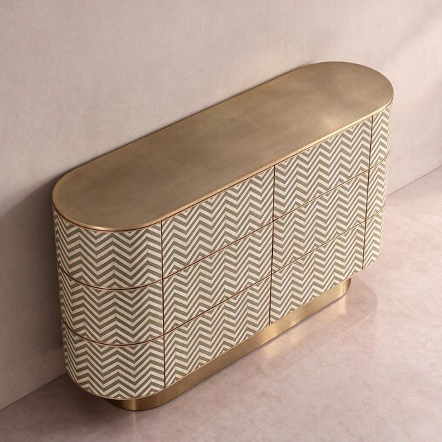 Art Deco Veyra Chevron Inlay Six-Drawer Dresser - Olive Green by House of Jaipur For Sale - Image 3 of 7